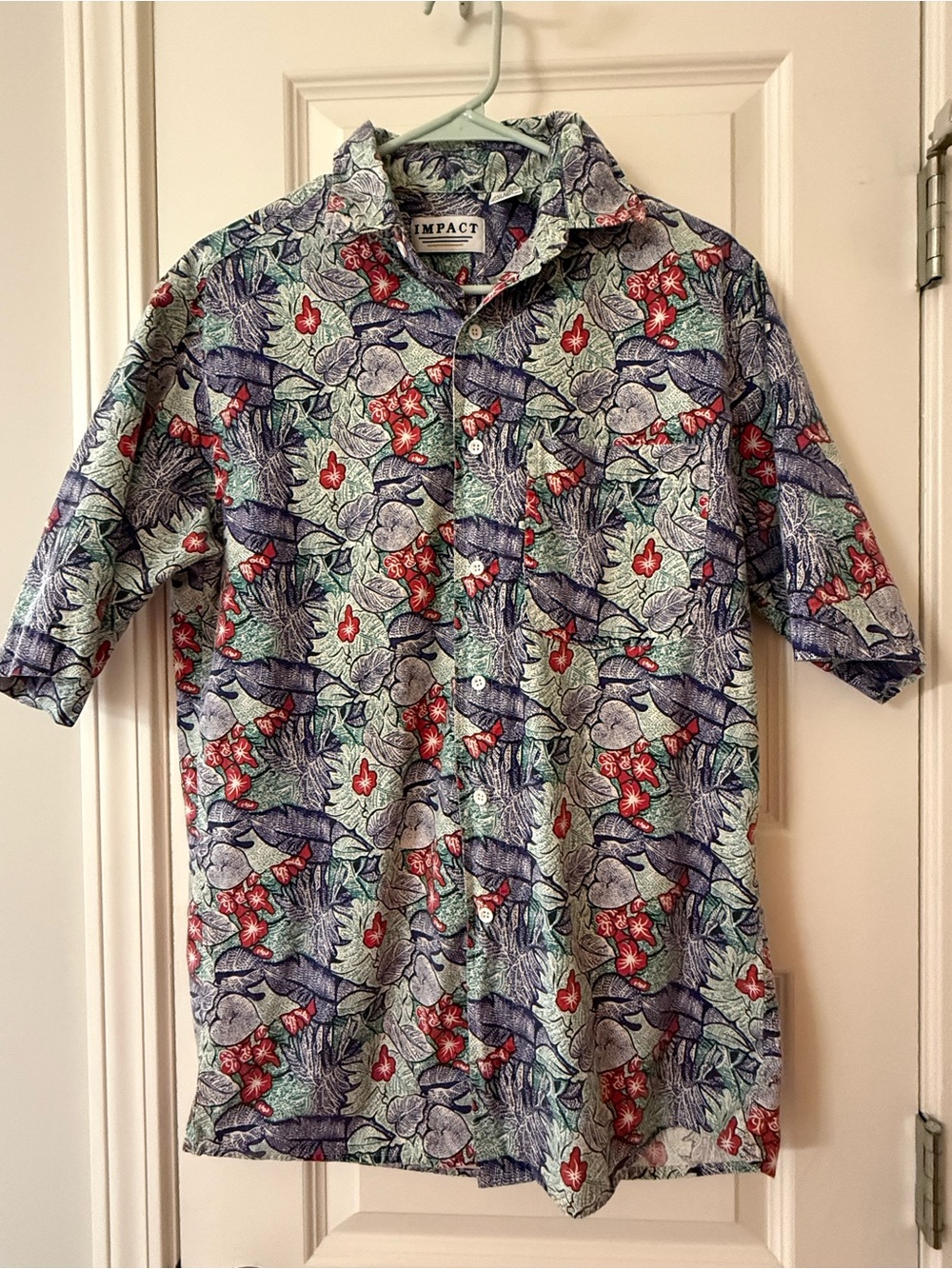 Vintage Impact Men's Blue Floral Button-Down Hawaiian Shirt Med 100% Cotton